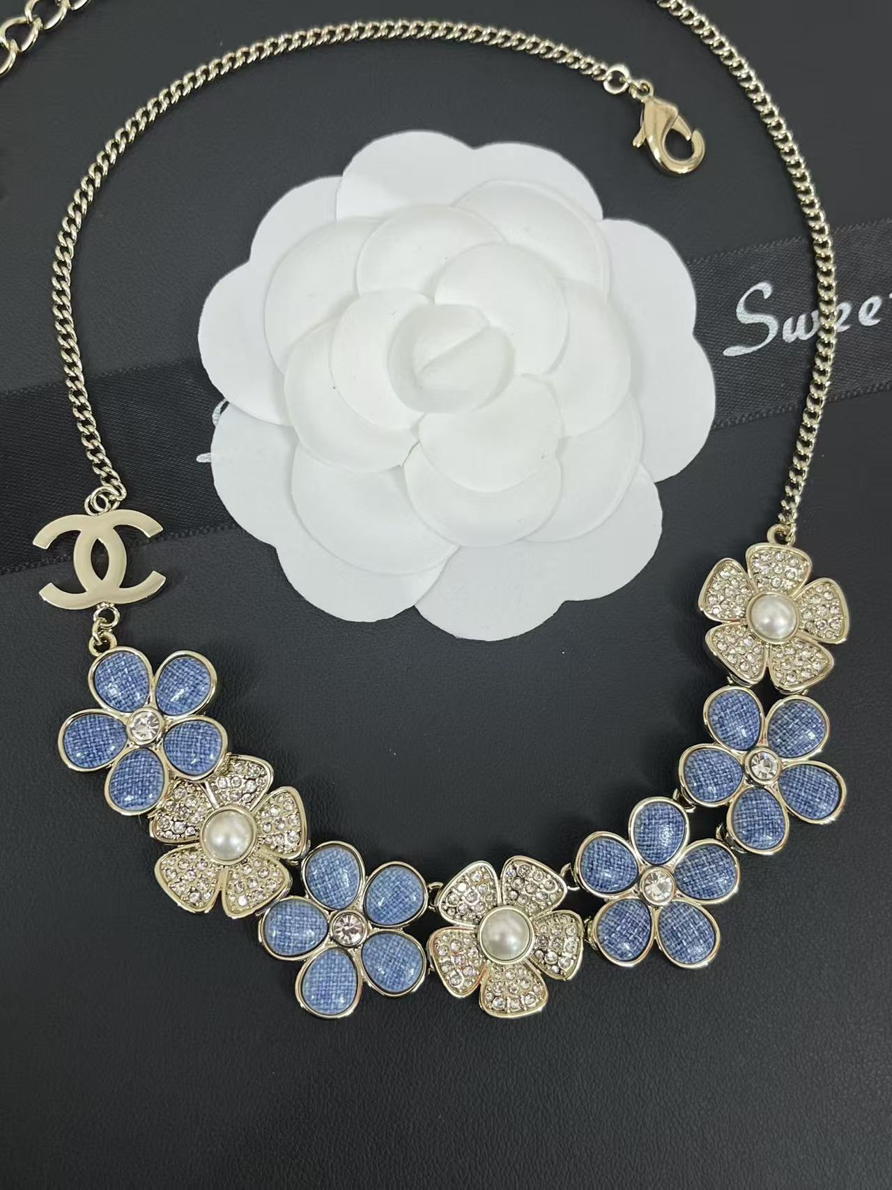 Pearl & Denim Floral Statement Necklace