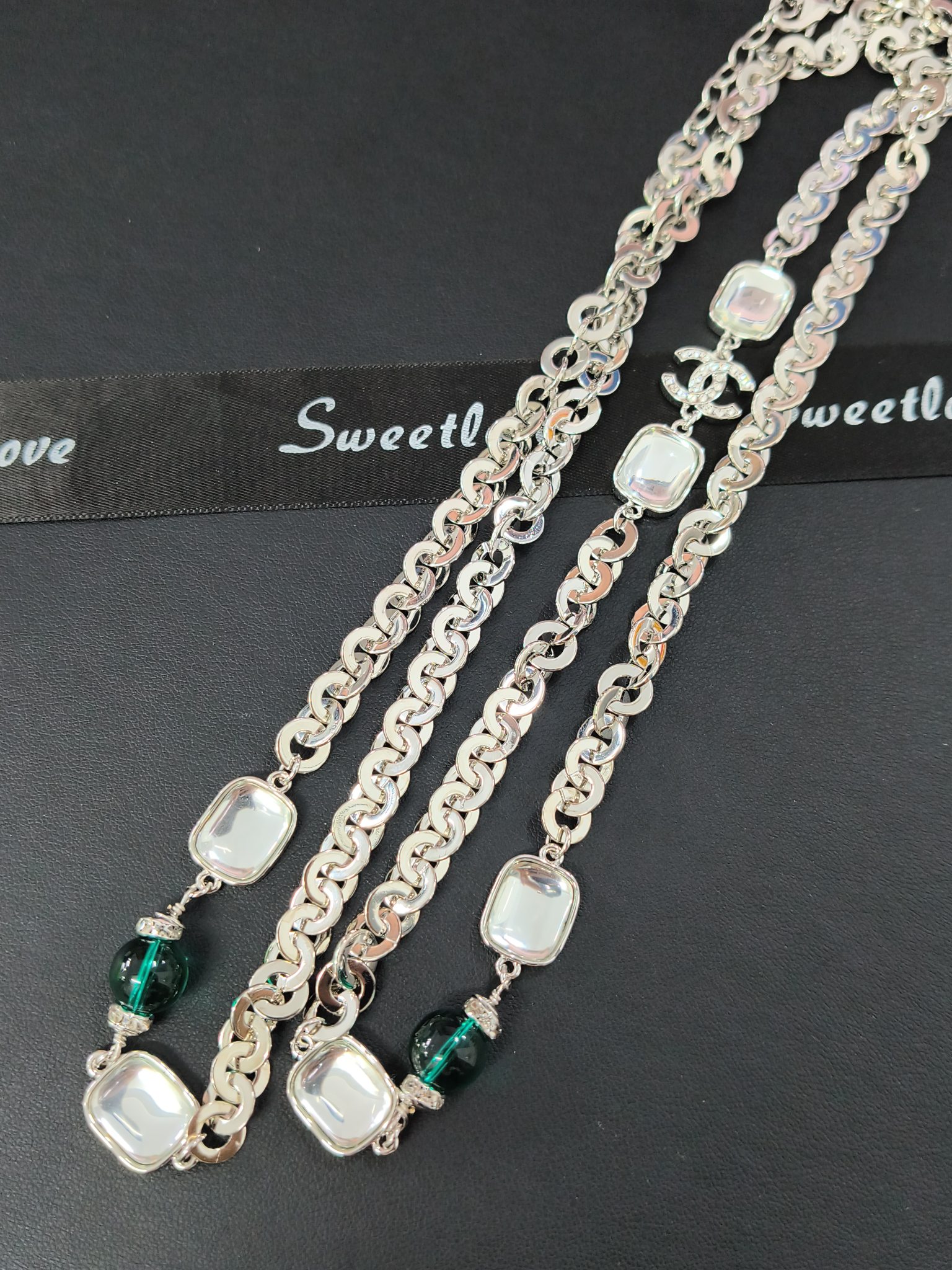 Emerald Bead & Crystal Chain Necklace